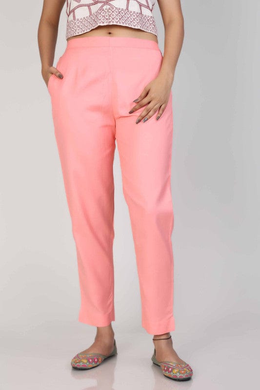 Pink Cotton Solid Regular Ankle Length Pants