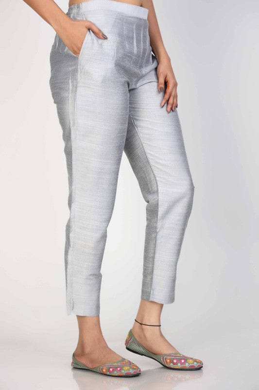 Silver Cotton Solid Regular Ankle Length Pants
