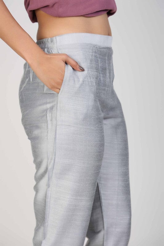 Silver Cotton Solid Regular Ankle Length Pants