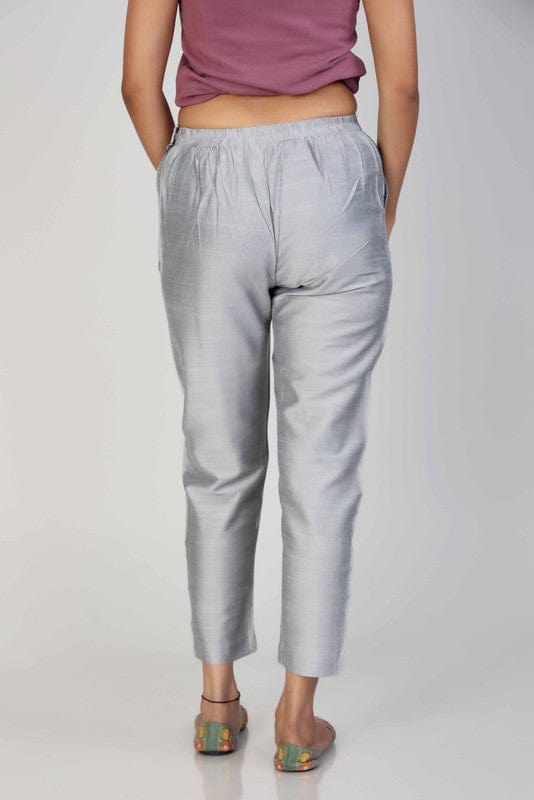 Silver Cotton Solid Regular Ankle Length Pants