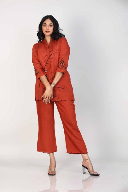 Brown 3/4th Sleeves Silk Placement print and cutwork design Hip length Co-Ords