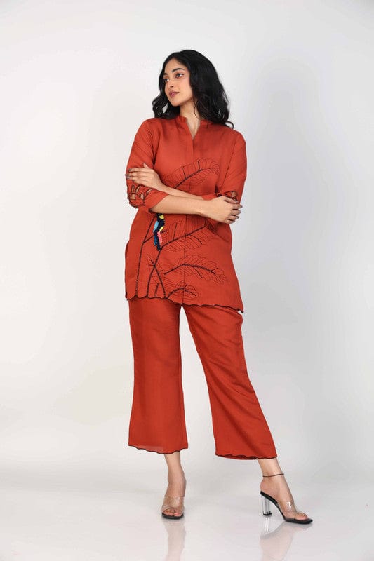 Brown 3/4th Sleeves Silk Placement print and cutwork design Hip length Co-Ords