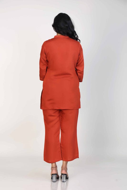 Brown 3/4th Sleeves Silk Placement print and cutwork design Hip length Co-Ords