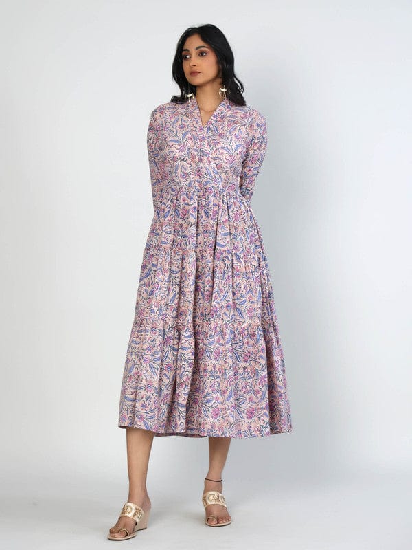 Beige 3/4th Sleeves Cotton Block print Calf length Dress