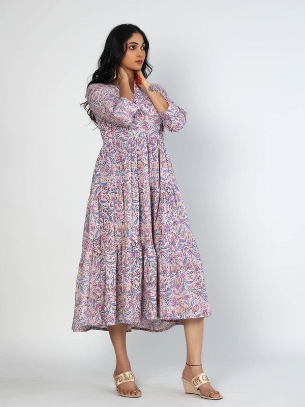 Beige 3/4th Sleeves Cotton Block print Calf length Dress