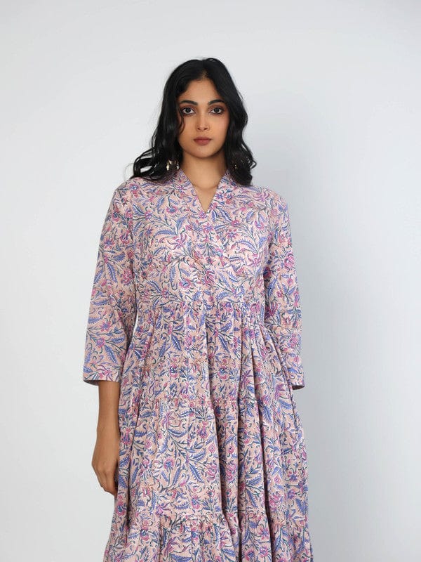 Beige 3/4th Sleeves Cotton Block print Calf length Dress