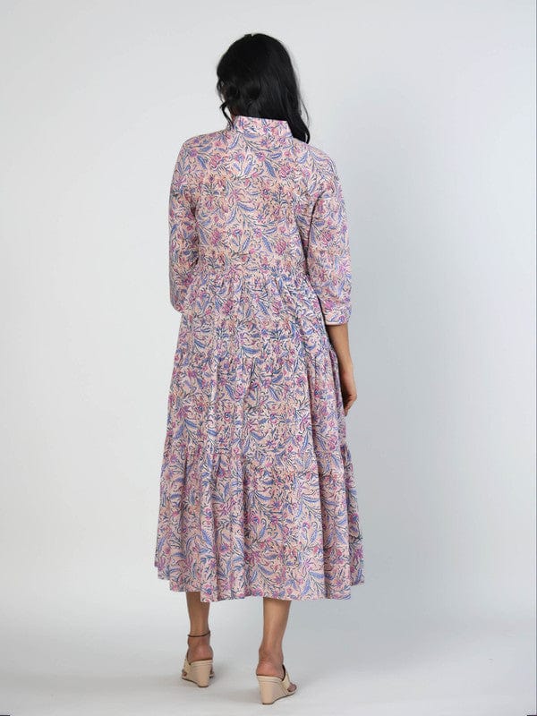 Beige 3/4th Sleeves Cotton Block print Calf length Dress