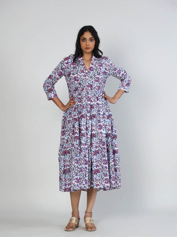 White 3/4th Sleeves Cotton Block print Calf length Dress