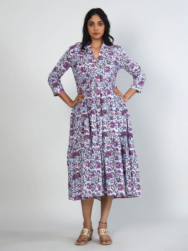 White 3/4th Sleeves Cotton Block print Calf length Dress