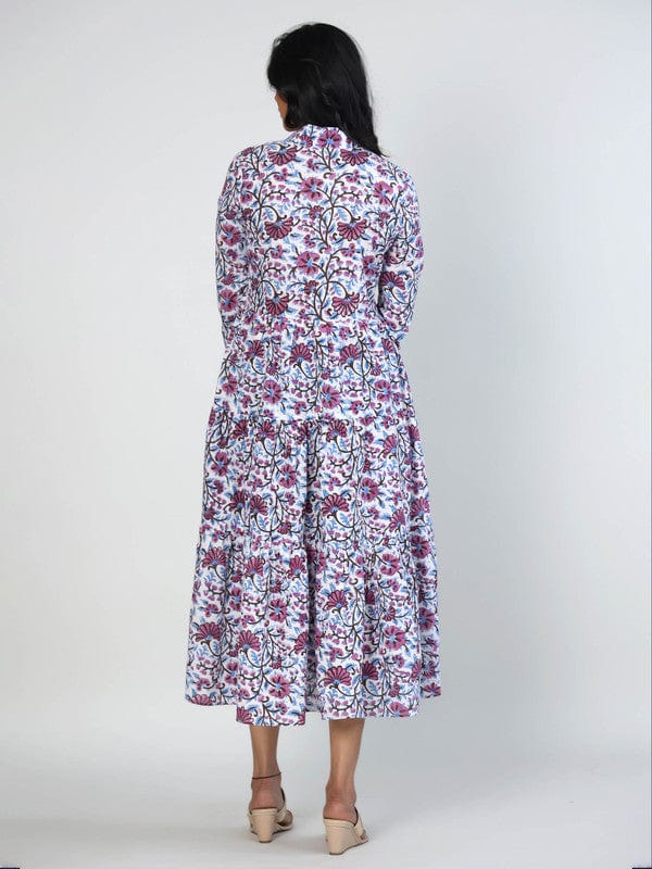 White 3/4th Sleeves Cotton Block print Calf length Dress