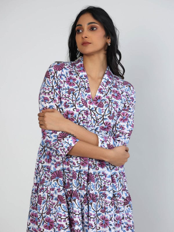 White 3/4th Sleeves Cotton Block print Calf length Dress