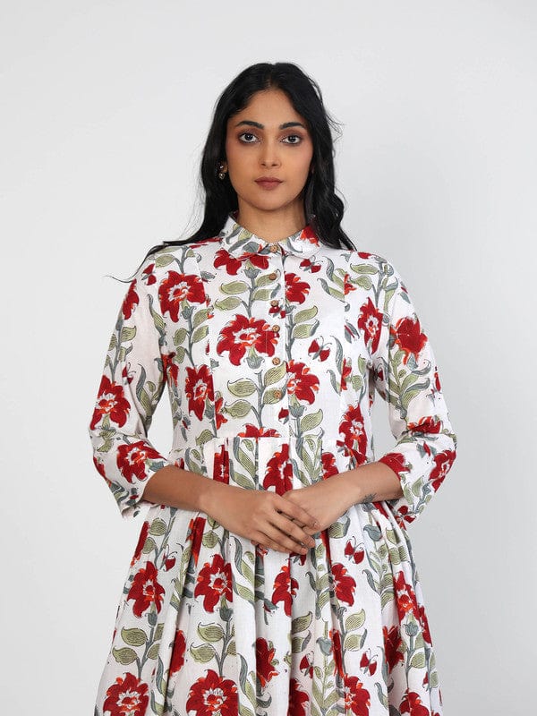 White 3/4th Sleeves Cotton Block print Knee length Dress