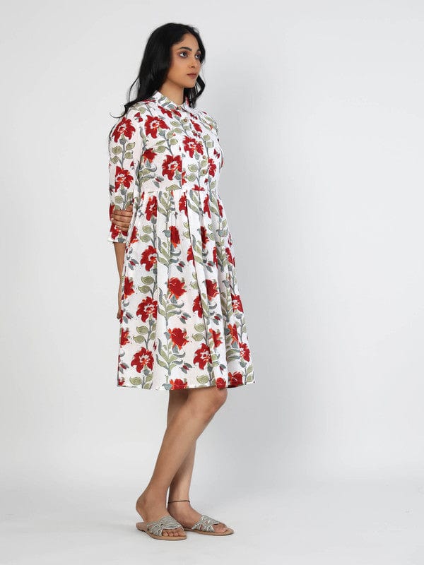 White 3/4th Sleeves Cotton Block print Knee length Dress