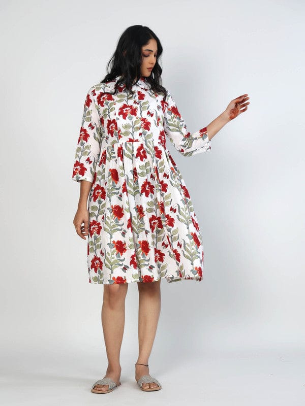 White 3/4th Sleeves Cotton Block print Knee length Dress