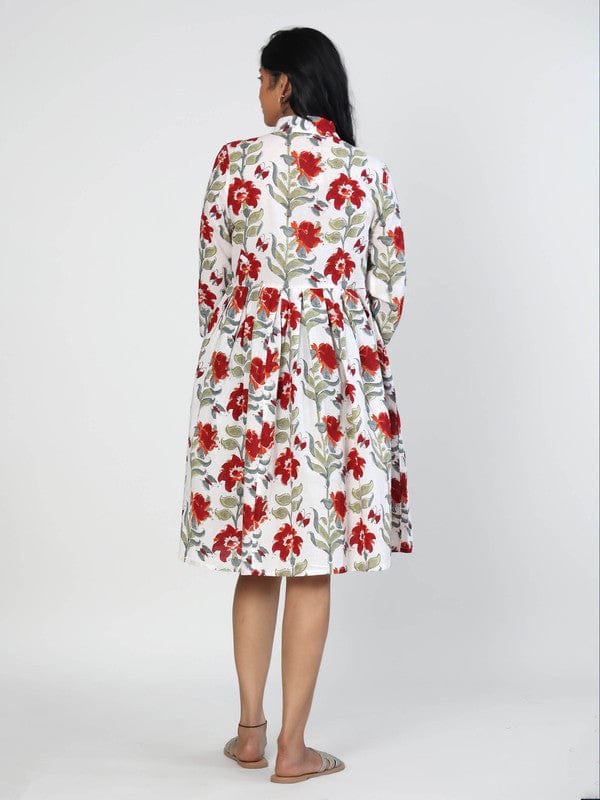 White 3/4th Sleeves Cotton Block print Knee length Dress