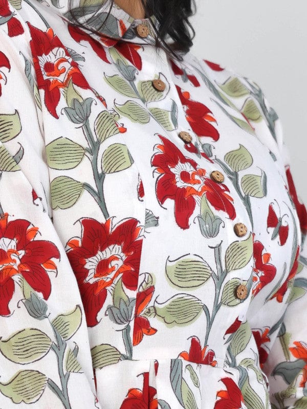 White 3/4th Sleeves Cotton Block print Knee length Dress