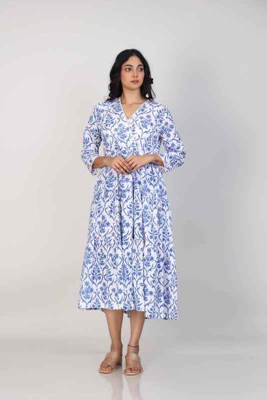 Blue 3/4th Sleeves Cotton Block print Calf length Dress