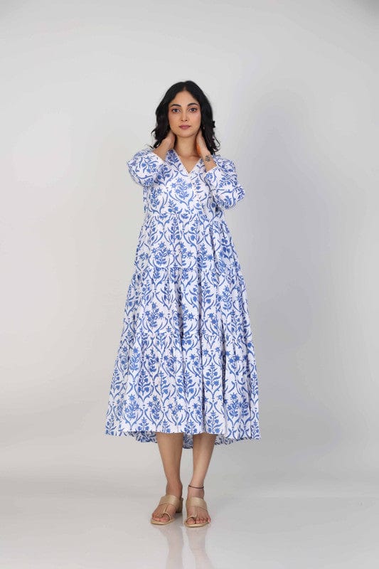 Blue 3/4th Sleeves Cotton Block print Calf length Dress