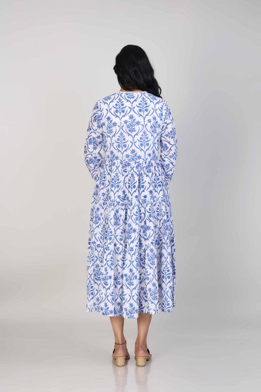 Blue 3/4th Sleeves Cotton Block print Calf length Dress
