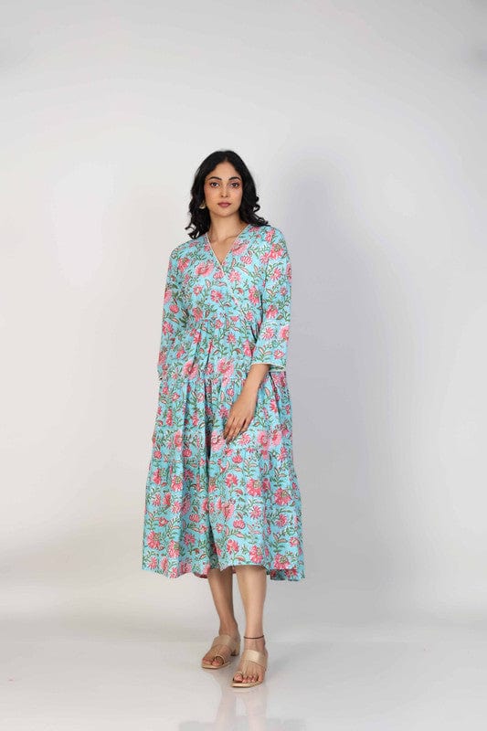 Sea Green 3/4th Sleeves Cotton Block print Calf length Dress