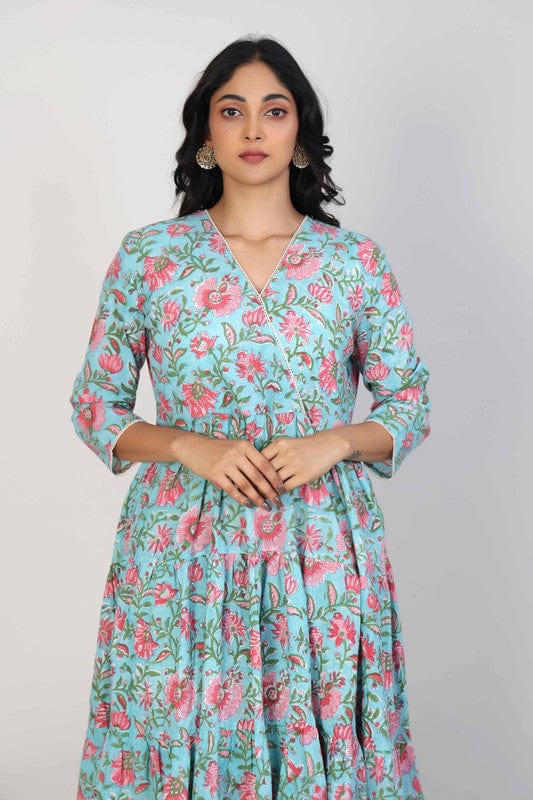 Sea Green 3/4th Sleeves Cotton Block print Calf length Dress