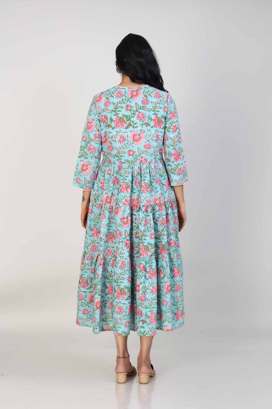 Sea Green 3/4th Sleeves Cotton Block print Calf length Dress