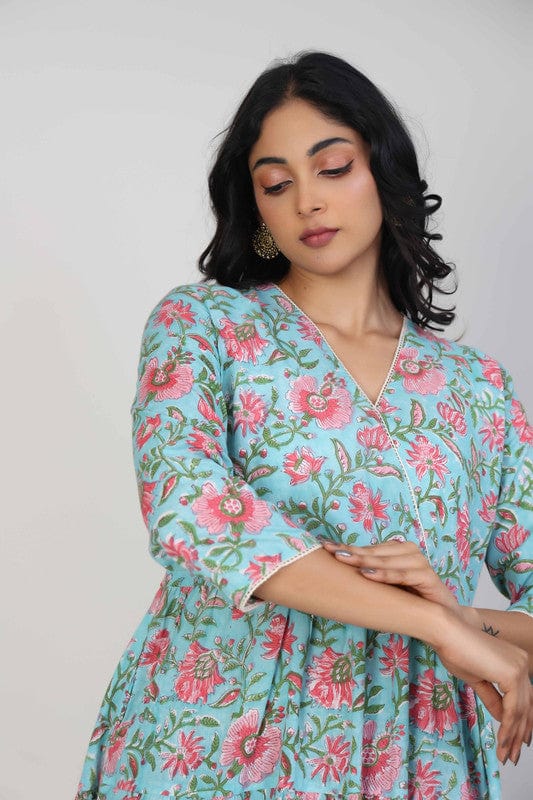 Sea Green 3/4th Sleeves Cotton Block print Calf length Dress