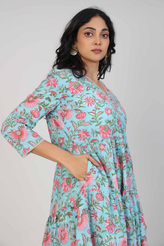 Sea Green 3/4th Sleeves Cotton Block print Calf length Dress
