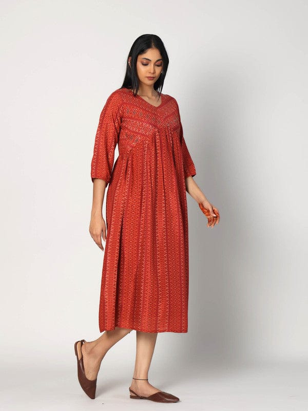 Red 3/4th Sleeves Viscose Geometric pattern, embellishment work Calf length Dress