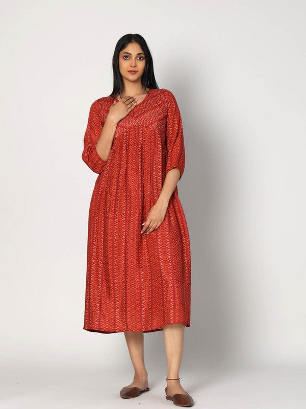 Red 3/4th Sleeves Viscose Geometric pattern, embellishment work Calf length Dress