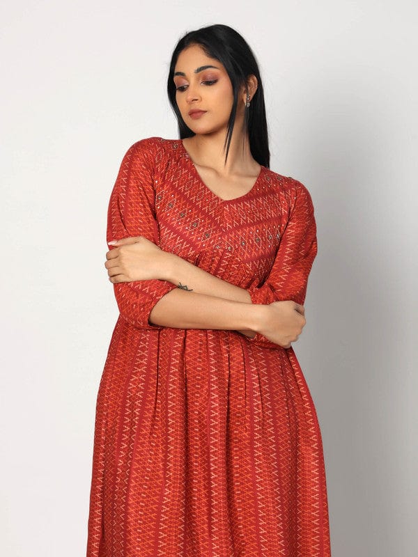 Red 3/4th Sleeves Viscose Geometric pattern, embellishment work Calf length Dress
