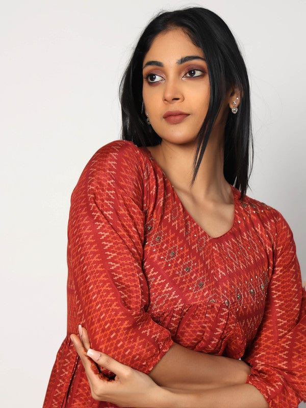 Red 3/4th Sleeves Viscose Geometric pattern, embellishment work Calf length Dress