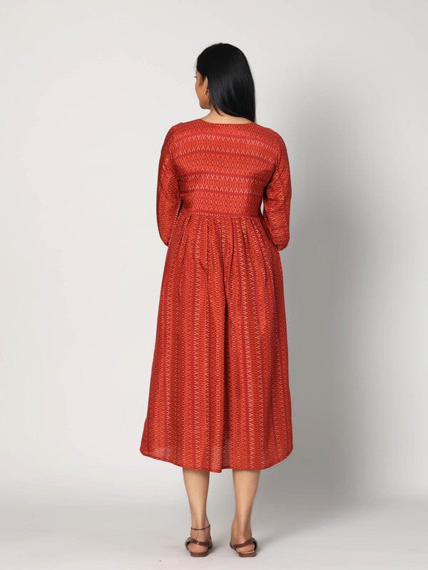 Red 3/4th Sleeves Viscose Geometric pattern, embellishment work Calf length Dress