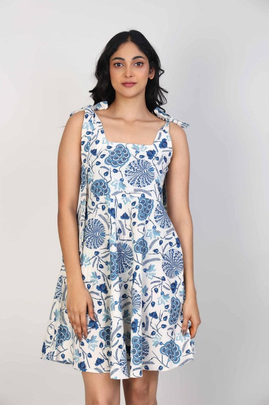 White Sleeveless Cotton flex All over print floral Thigh length Dress