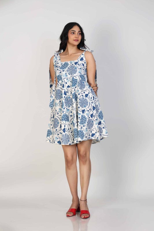 White Sleeveless Cotton flex All over print floral Thigh length Dress