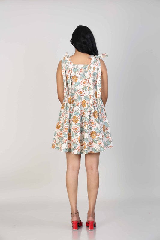 Off White Sleeveless Cotton flex All over print floral Thigh length Dress