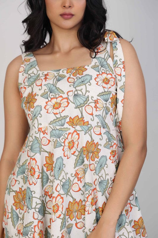 Off White Sleeveless Cotton flex All over print floral Thigh length Dress