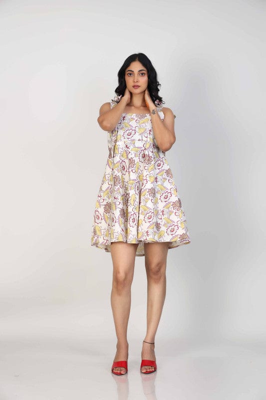 Purple Sleeveless Cotton flex All over print floral Thigh length Dress
