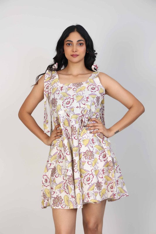 Purple Sleeveless Cotton flex All over print floral Thigh length Dress