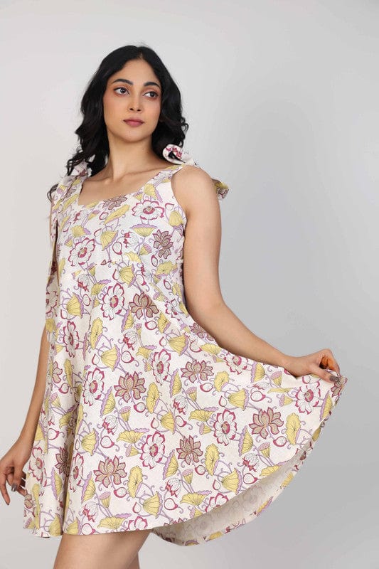 Purple Sleeveless Cotton flex All over print floral Thigh length Dress