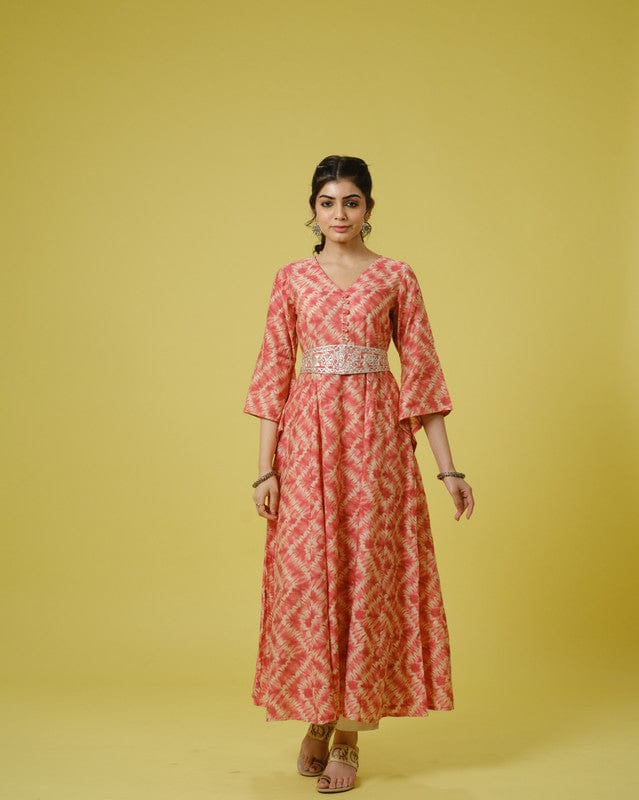 Orange 3/4th Sleeves Cotton Chanderi Tie-Dye Full Length Dress