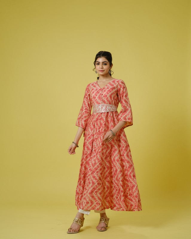 Orange 3/4th Sleeves Cotton Chanderi Tie-Dye Full Length Dress