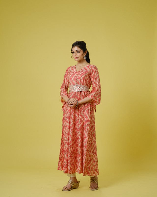 Orange 3/4th Sleeves Cotton Chanderi Tie-Dye Full Length Dress
