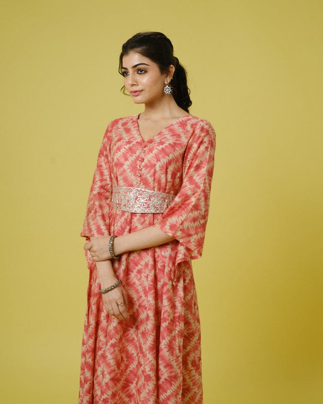 Orange 3/4th Sleeves Cotton Chanderi Tie-Dye Full Length Dress