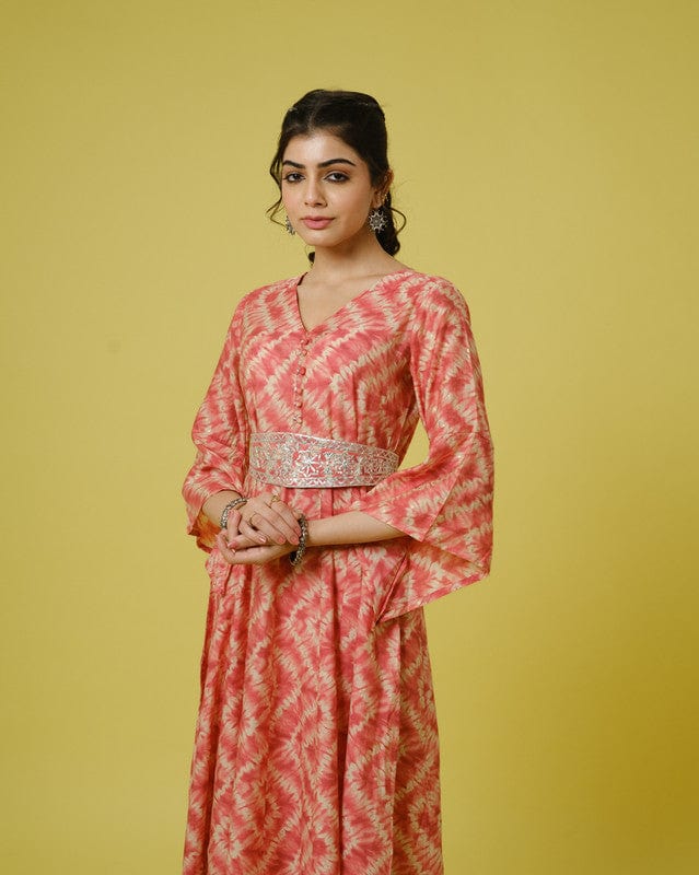 Orange 3/4th Sleeves Cotton Chanderi Tie-Dye Full Length Dress