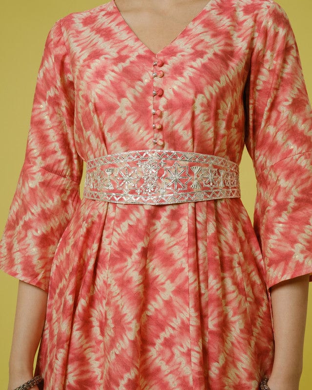 Orange 3/4th Sleeves Cotton Chanderi Tie-Dye Full Length Dress