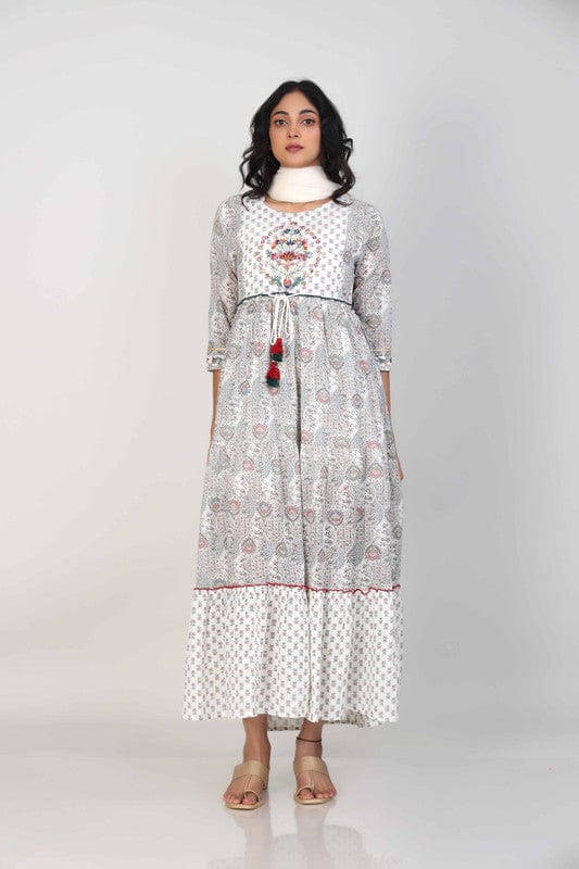 Off White 3/4th Sleeves Cotton All over print with threadwork and mirror work Calf length Dress