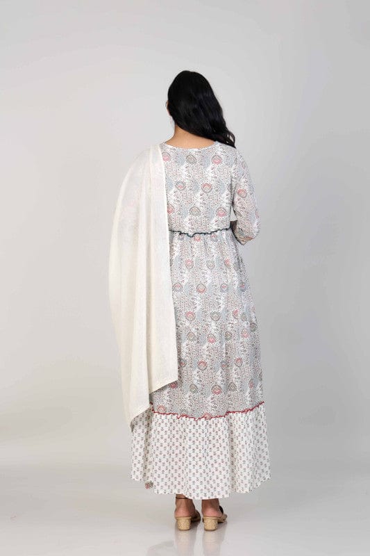 Off White 3/4th Sleeves Cotton All over print with threadwork and mirror work Calf length Dress