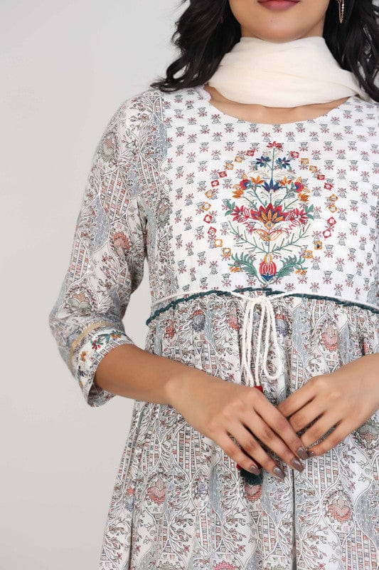 Off White 3/4th Sleeves Cotton All over print with threadwork and mirror work Calf length Dress