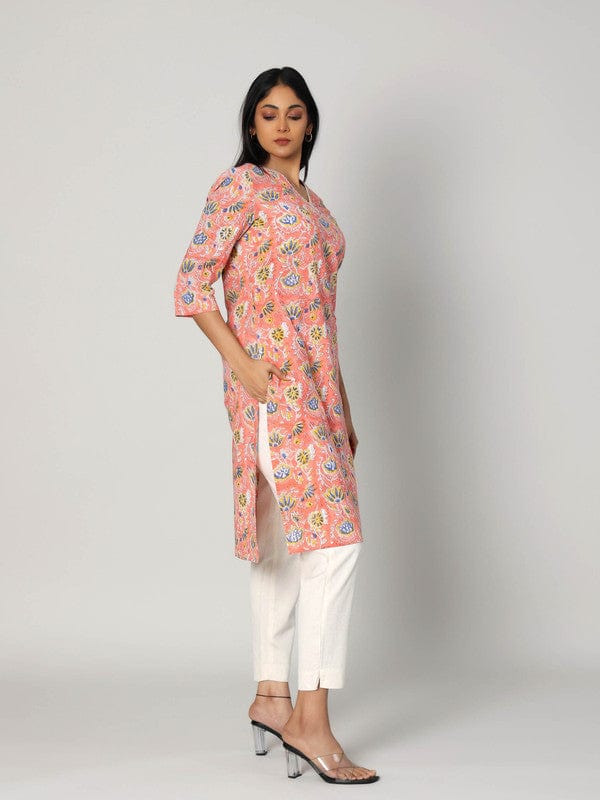 Pink 3/4th Sleeves Cotton Block print Calf length Kurta